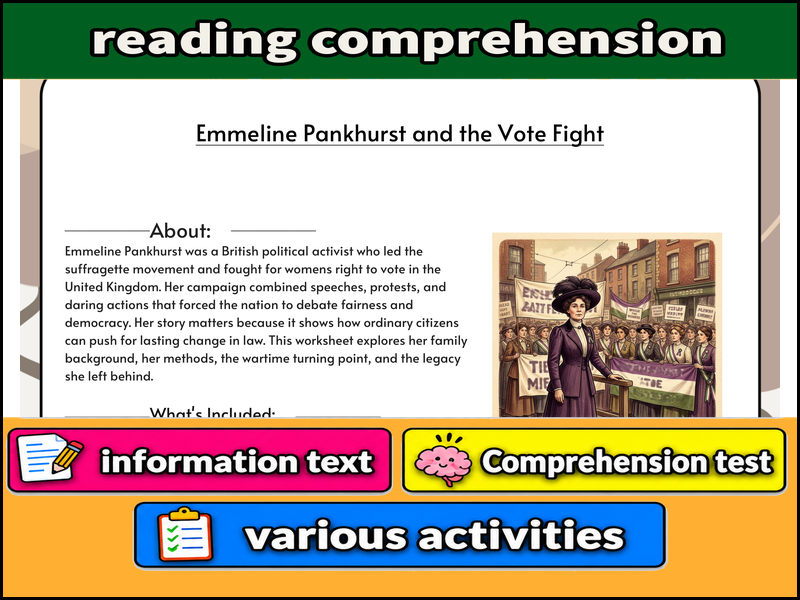 Emmeline Pankhurst and the Vote Fight :  & Comprehension Test