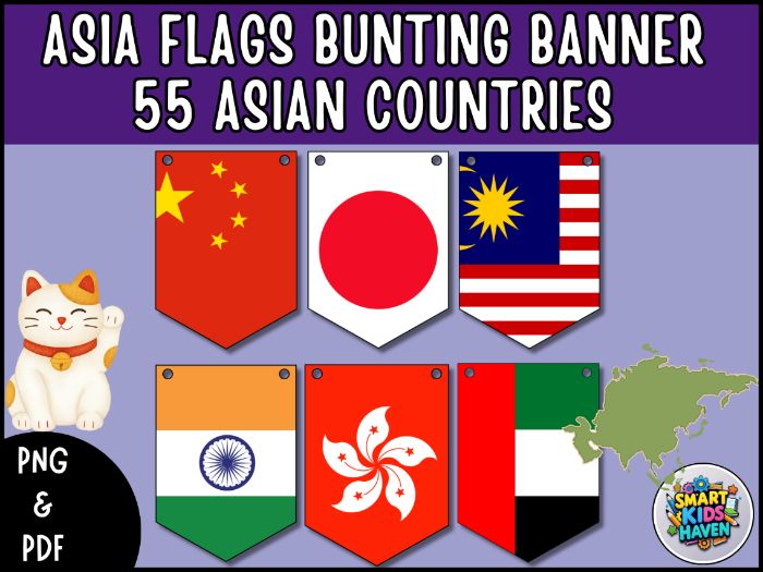 Asia Flags Bunting 55 Asian Country Flags Banner Geography Classroom Decor.