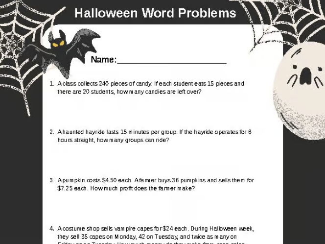 Halloween Themed Math Word Problems