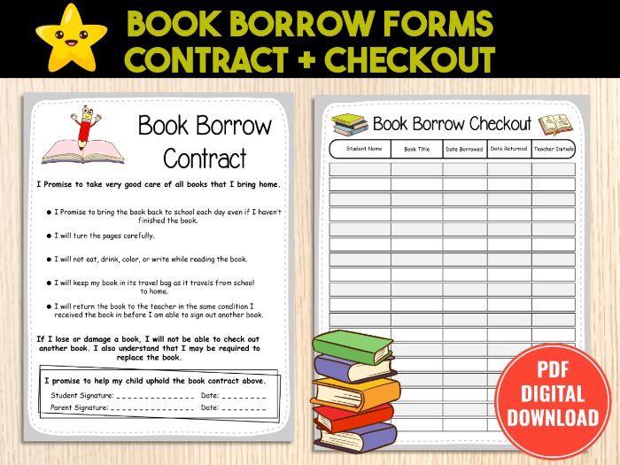 Classroom Library Book Borrow Sign Out Sheet & Book Borrow Contract