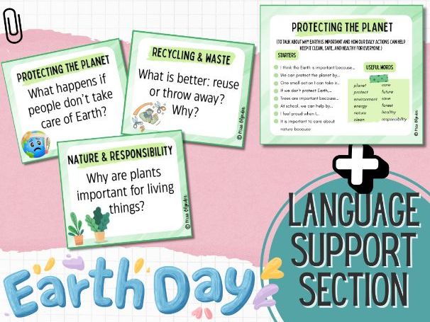 Earth Day Speaking Activities – ESL Conversation Cards with Sentence Starters & Vocabulary Support