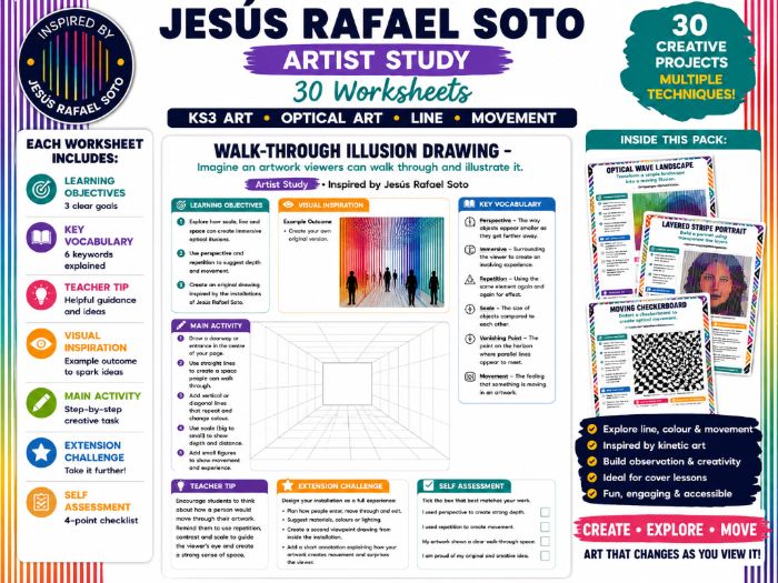 Jesús Rafael Soto Artist Study | 30 Optical Art & Kinetic Art Worksheets | KS3 KS4 Art | Line, Colou