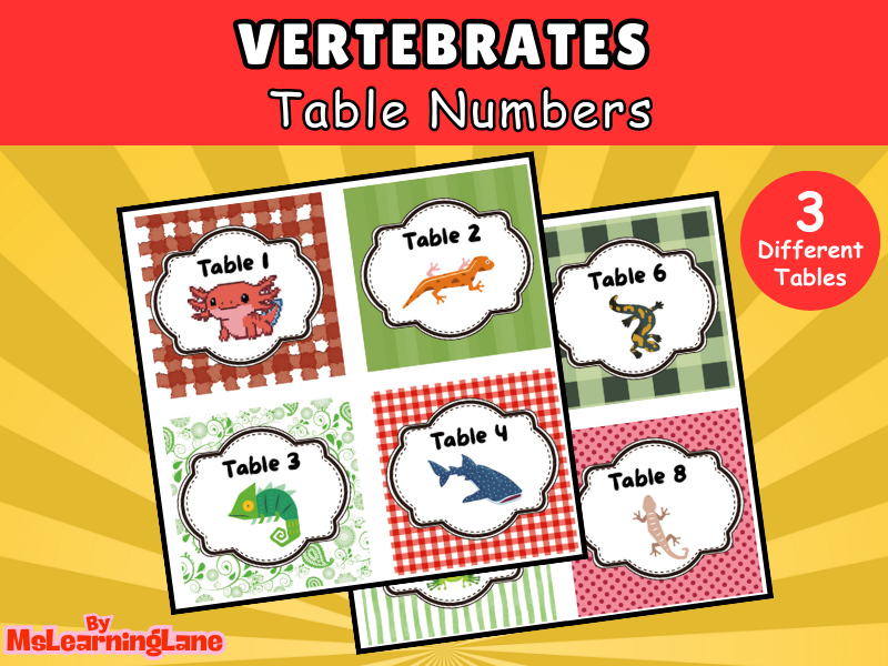 Vertebrates Table Numbers | Science-Themed Printable Classroom Decor for Group Organisation