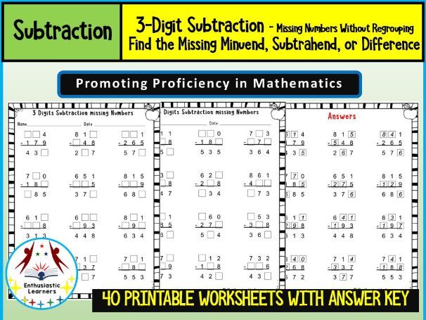 3-Digit Subtraction without regrouping Missing Numbers  Find the Missing Minuend, Subtrahend or Diff