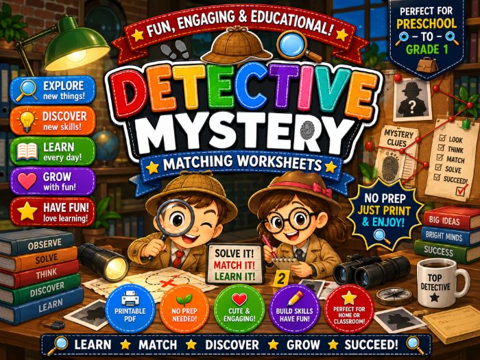 Detective Mystery Matching Worksheets | Picture Matching Activities | Preschool–Grade 1