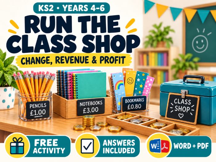 FREE KS2 Money Worksheet: Class Shop Change and Profit Activity with Answers