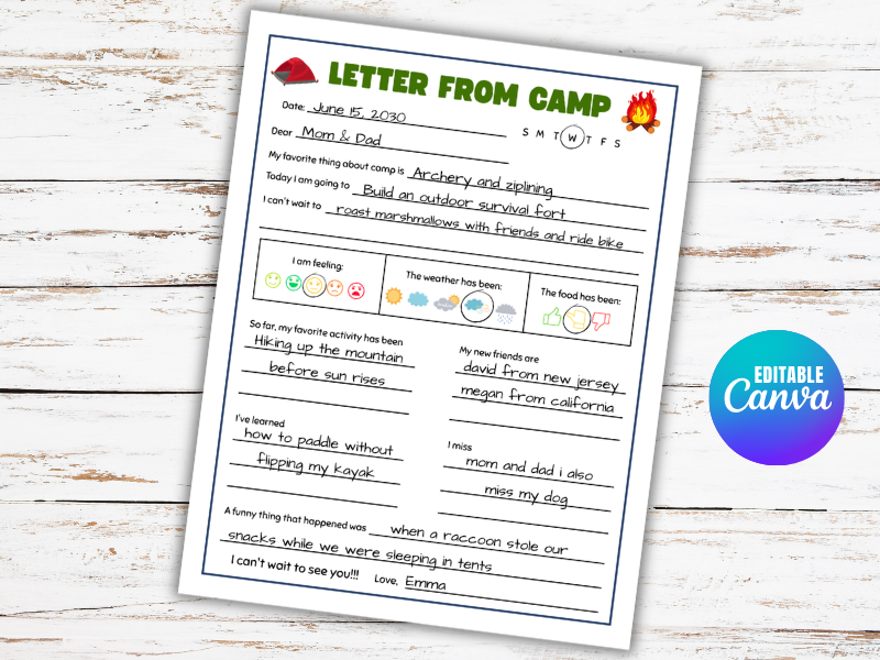 Letters From Summer Camp, Summer Camp Stationery, Camp Experience Letter Writing Activity