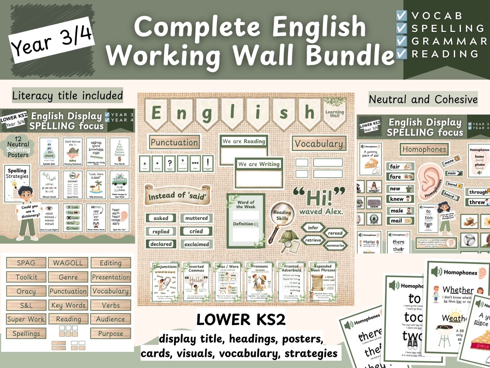 Lower KS2 English Working Wall & Spelling Display Bundle | Year 3/4 | SPaG & Literacy