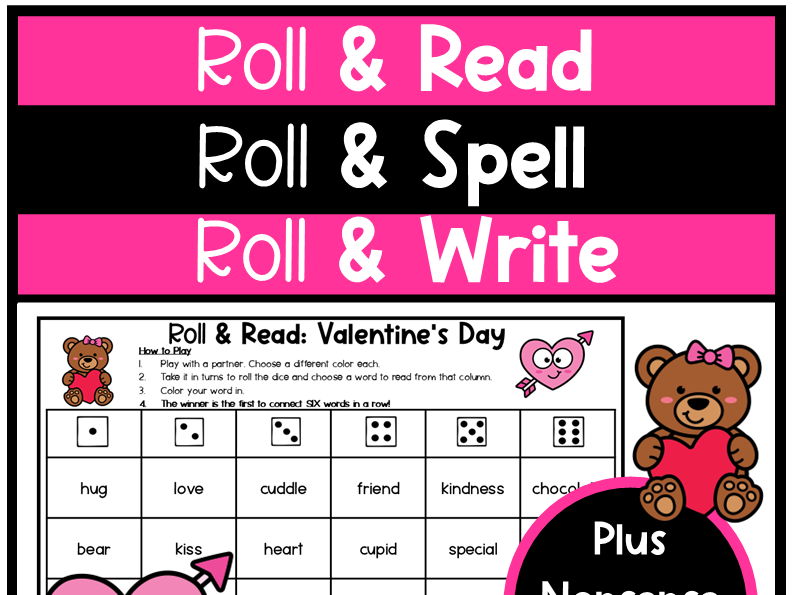 Valentines Day Roll and Read, Spell & Write