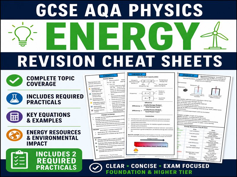 Energy Revision Cheat Sheets - GCSE AQA Physics (Complete Topic + Required Practicals)
