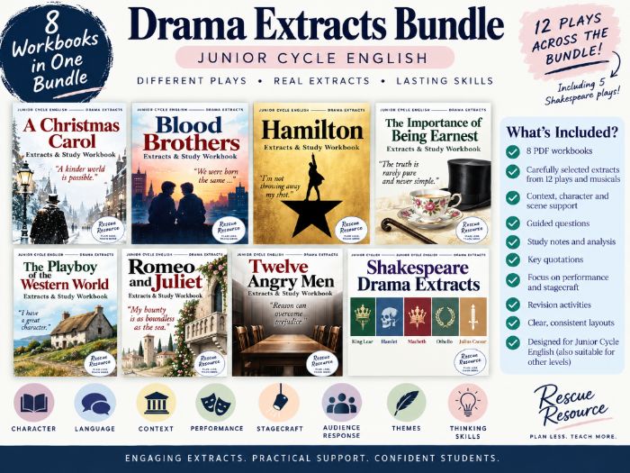 Drama Extracts Bundle | 8 Junior Cycle English Workbooks | Shakespeare, Modern Drama & Musicals