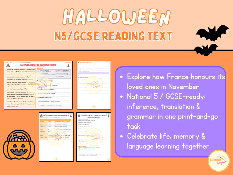 La Toussaint Reading Task | National 5 / GCSE French | Halloween Tasks | Printable PDF