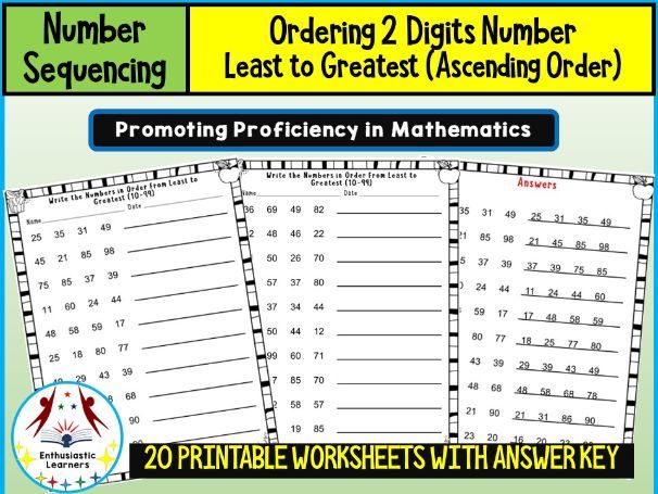 Ordering 2-Digit Numbers – Least to Greatest (Ascending Order) Worksheets