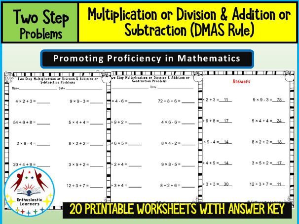 Two-Step Addition or Subtraction with Multiplication or Division Worksheets Math Problems
