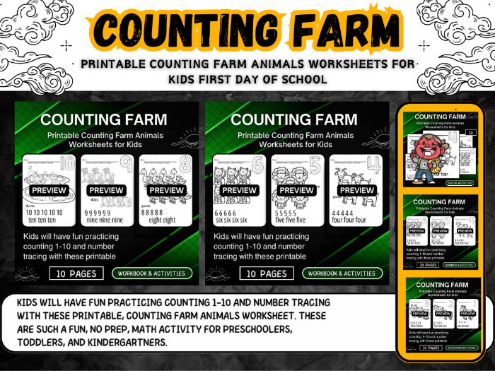 Printable Counting Farm Animals Worksheets for Kids