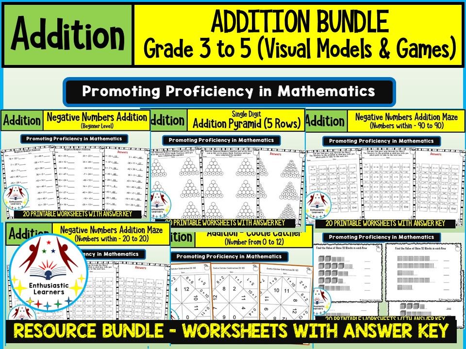 ADDITION VISUAL MODELS & GAMES Worksheets BUNDLE for GRADE 3–5