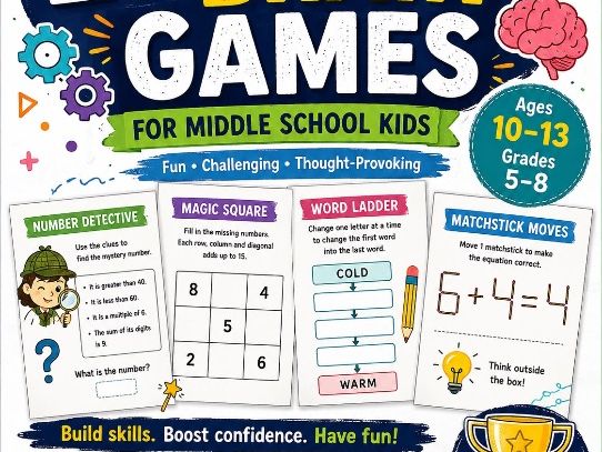 20 Printable Brain Games Pack for Middle School Students (ages 10-13)