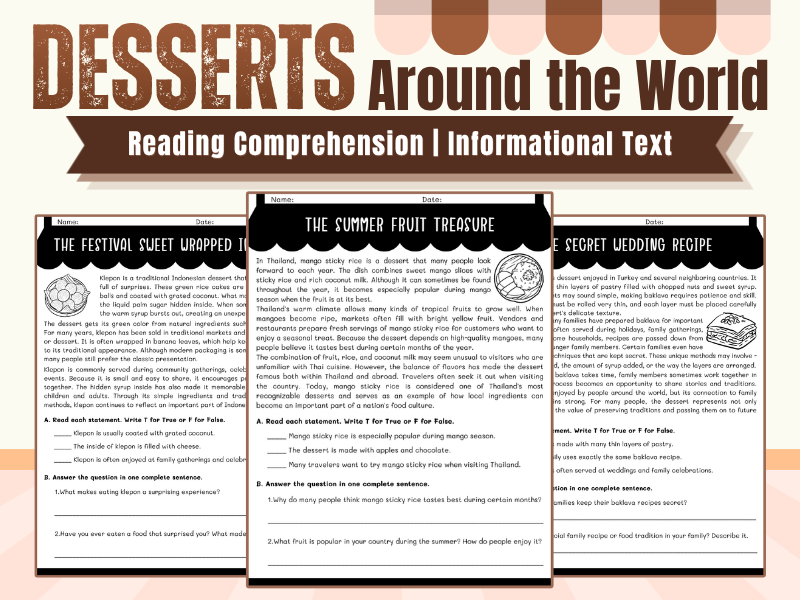 Desserts Around the World 10 Informational Reading Passages & Comprehension Activities