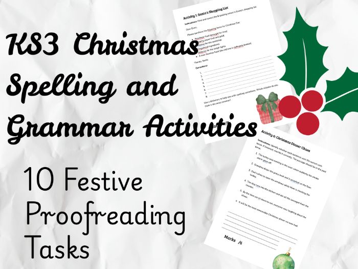 KS3 Christmas Grammar and Spelling Worksheets | 10 Proofreading Activities | Festive English