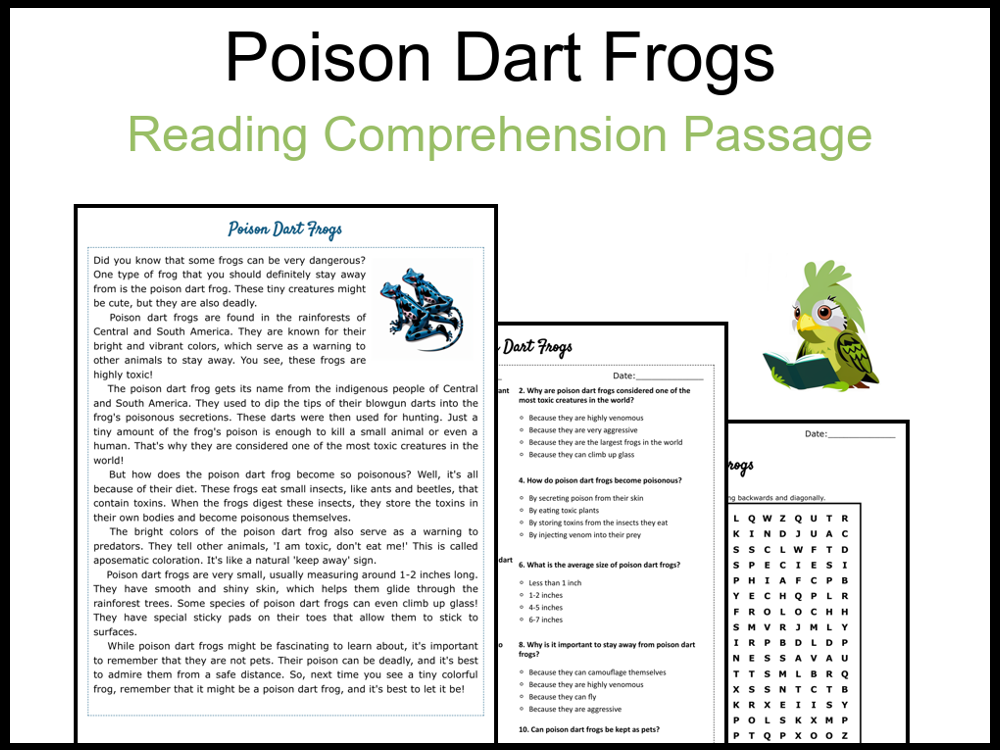 Poison Dart Frogs Reading Comprehension and Word Search Teaching