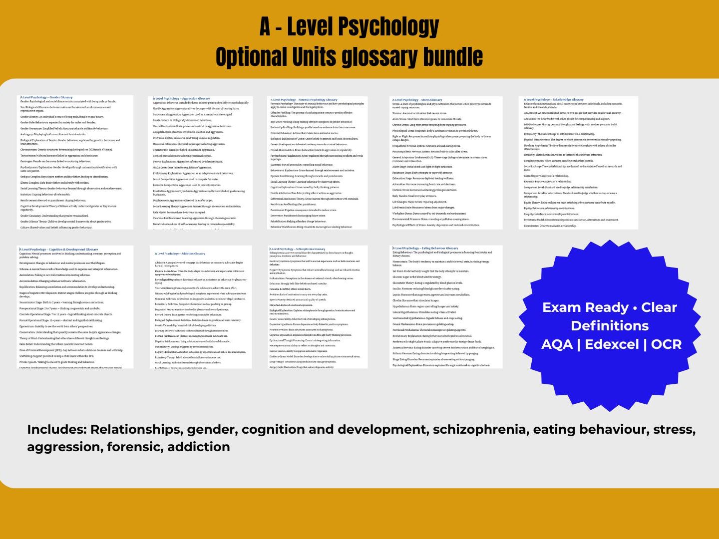 A Level Psychology Optional Units Glossary Bundle | Optional Topics Revision Pack | AQA Edexcel OCR