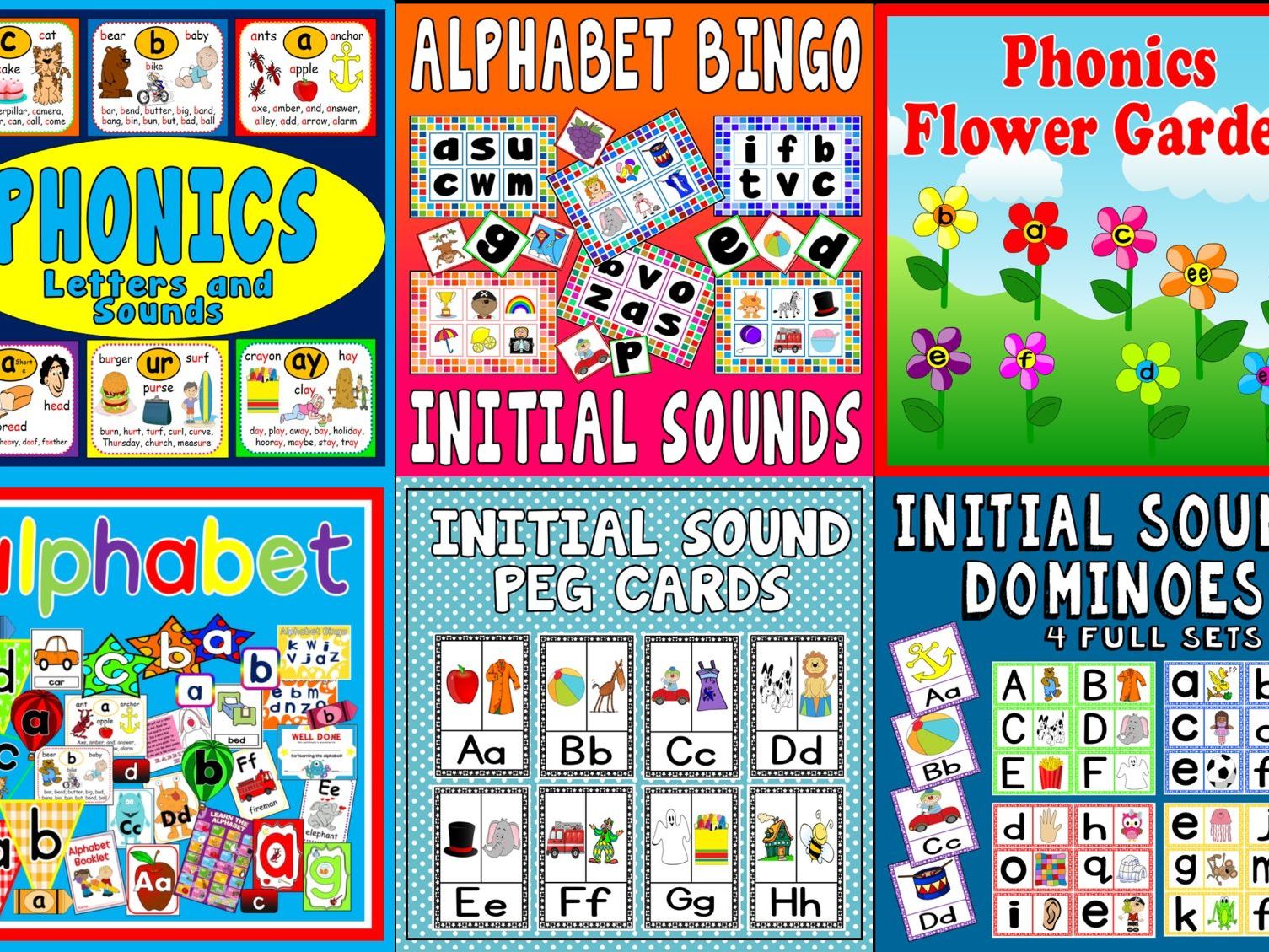 *PHONICS AND ALPHABET BUNDLE* 6 PACKS - POSTERS, FLASHCARDS, BINGO GAME, FLOWER DISPLAY, PEG CARDS, DOMINOES