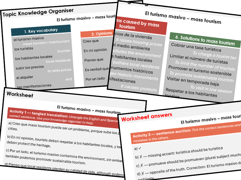 Mass Tourism (Spanish) - Knowledge Organiser & Activities (Conti Style)