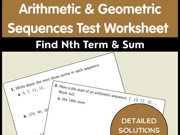 Arithmetic & Geometric Sequences Test Worksheet | Find Nth Term & Sum
