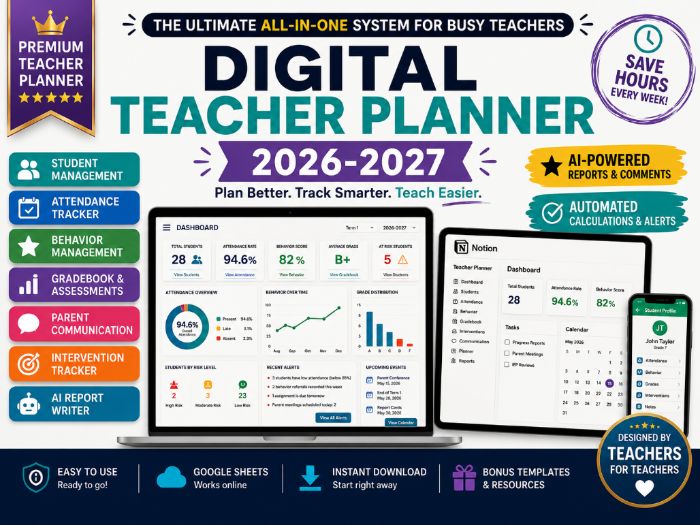 Digital Teacher Planner 2026-2027 | Google Sheets & Notion | Attendance, Gradebook, Behavior Tracker