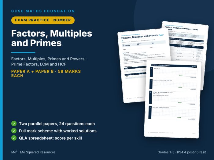 Factors, Multiples and Primes – GCSE Maths Foundation Exam Practice Pack