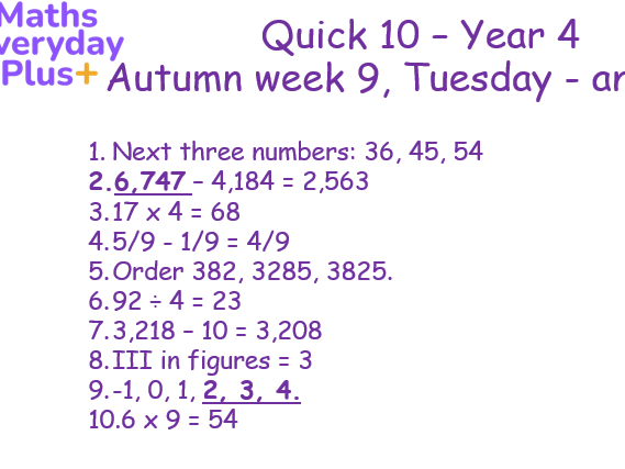 Quick 10 Fluency - Y4 Autumn 2