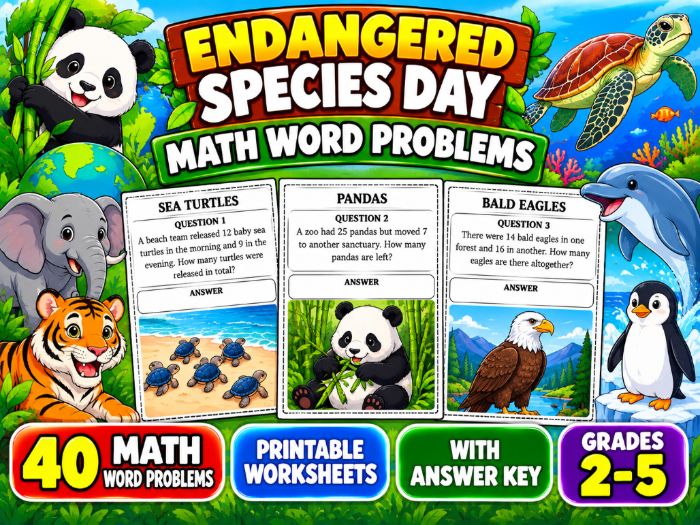 Endangered Species Day Math Word Problems | 40 Printable Worksheets with Answer Key