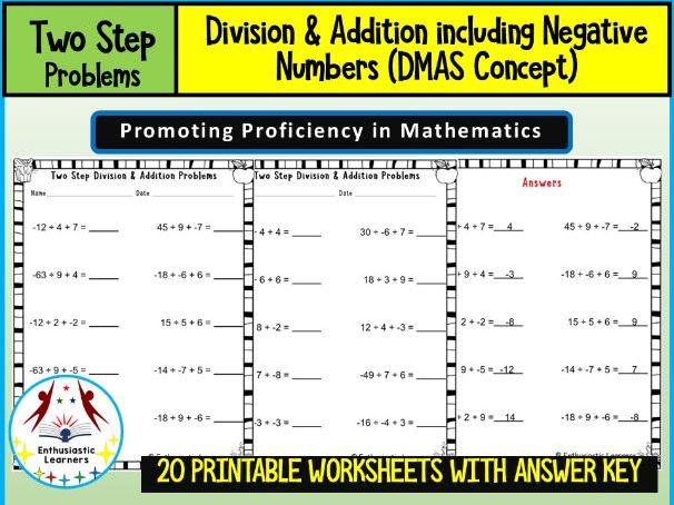 Two-Step Addition and Division with Negative Numbers – DMAS Worksheets Math Problems