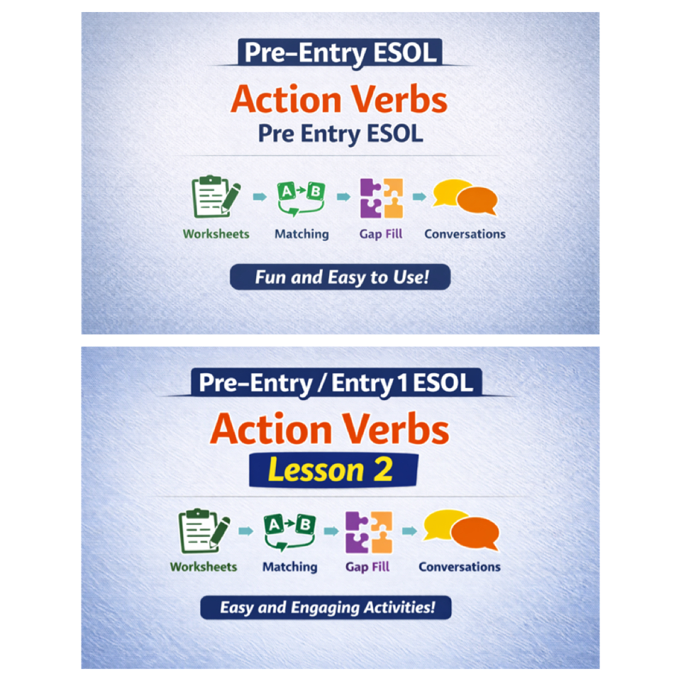 ESOL Action Verbs Bundle for Beginners | Pre-Entry & Entry 1 | Worksheets, Sorting, Speaking Activities