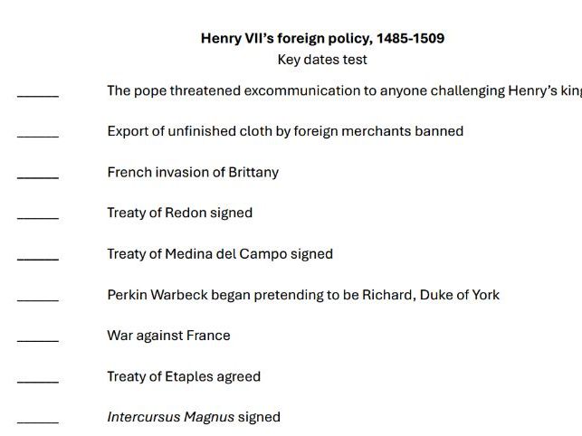 Key dates test - Henry VII’s foreign policy 1485-1509 (AQA A-level history Unit 1C)