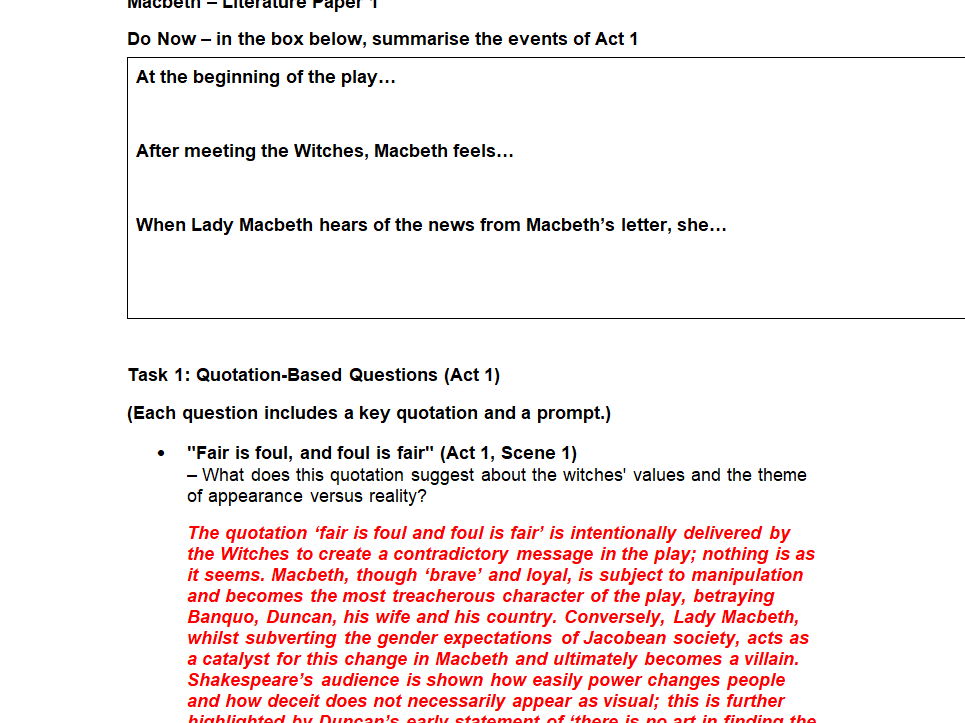 'Macbeth' Revision Sheets, GCSE Lit Paper 1 AQA (Act 1 - 5)