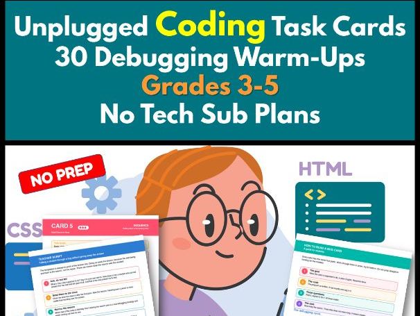 Unplugged Coding Task Cards | 30 Debugging WarmUps Grades 3-5 |No Tech Sub Plans