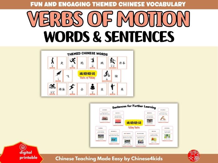 Beginner Chinese Vocabulary Learning Pack: Verbs of Motion (运动动词)