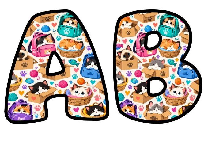 Kittens in Boxes Bubble Letters | Patterned Bulletin Board Letters | Printable Alphabet A-Z and 0-9