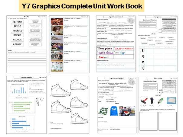 Y7 Graphics Workbook. Branding, Logos, Typography, CAD CAM 2D design, Sustainability, Block printing