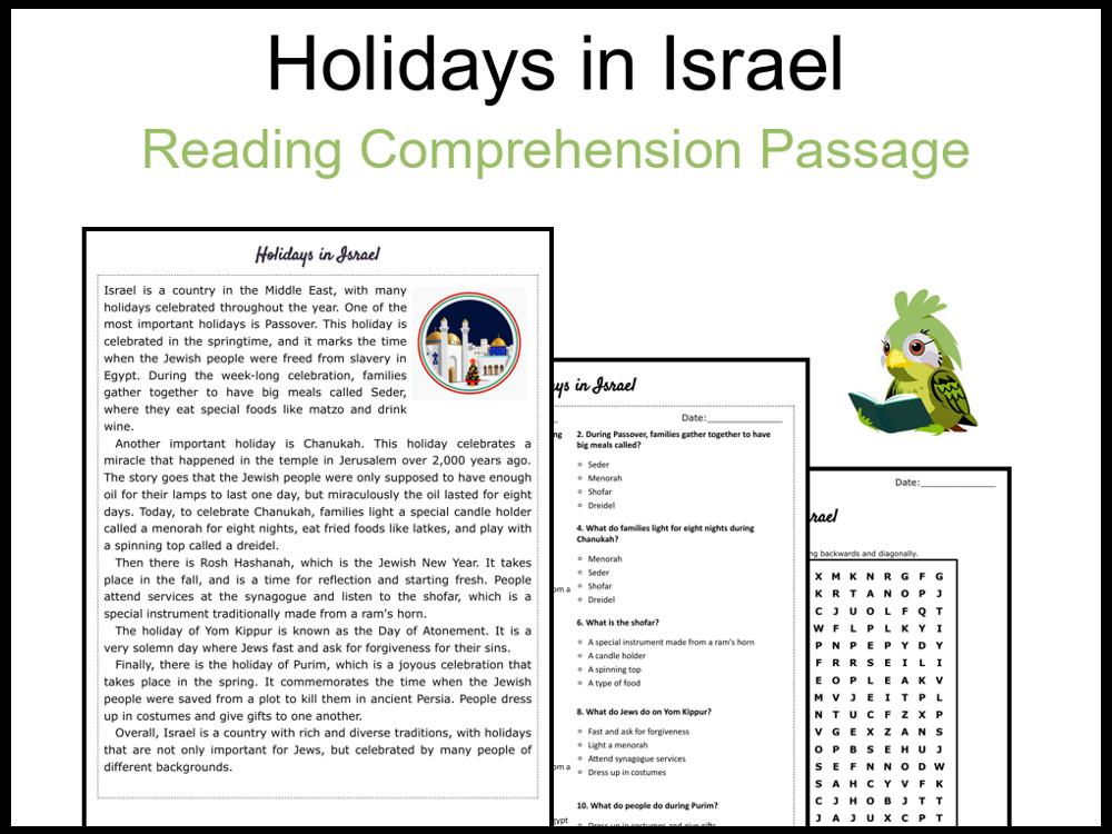 Holidays in Israel Reading Comprehension and Word Search Teaching