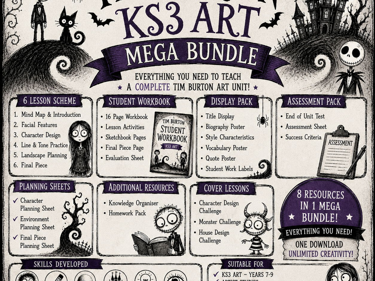 Tim Burton KS3 Art Mega Bundle | Complete Artist Study Unit, Workbook, Display Pack, Assessment & Cover Lessons