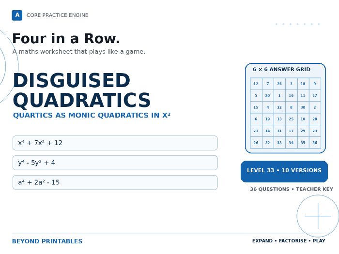 Disguised Quadratics Four in a Row | x⁴ + 7x² + 12 : Level 33 | 10 Maths Games