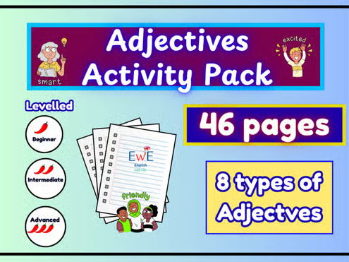 Adjectives MEGA Activity Pack-46 pages Mastery Pack: Worksheets, Challenges, Rules, Games + MORE