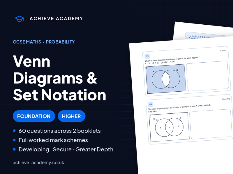 Venn Diagrams & Set Notation GCSE Maths Booklets | Foundation & Higher + Mark Schemes