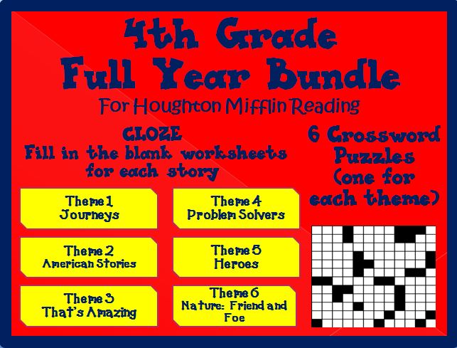 Houghton Mifflin 4th Grade Full Year Cloze Worksheets and Crossword Puzzles