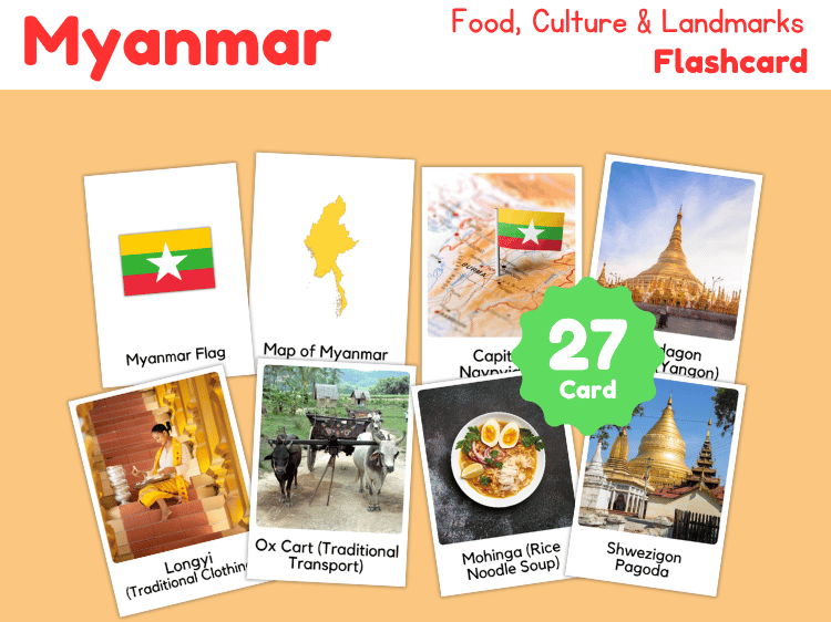 Myanmar Geography Flashcards | 27 Printable Country Study Cards