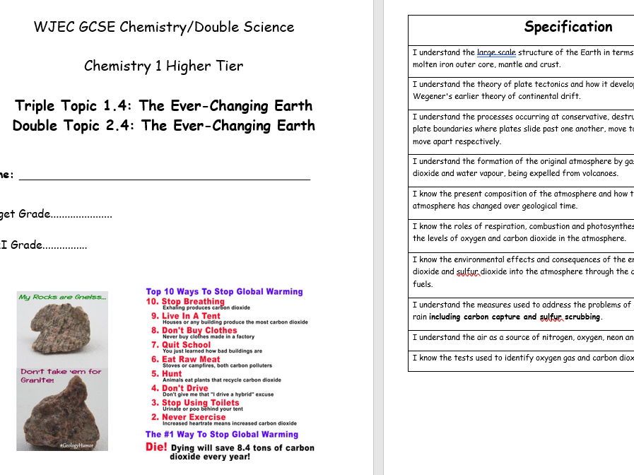 Year 10 WJEC GCSE Chemistry Topic 4 Ever Changing Earth workbook