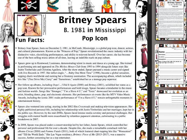 Britney Spears PACKET & ACTIVITIES, Important Historical Figures Series