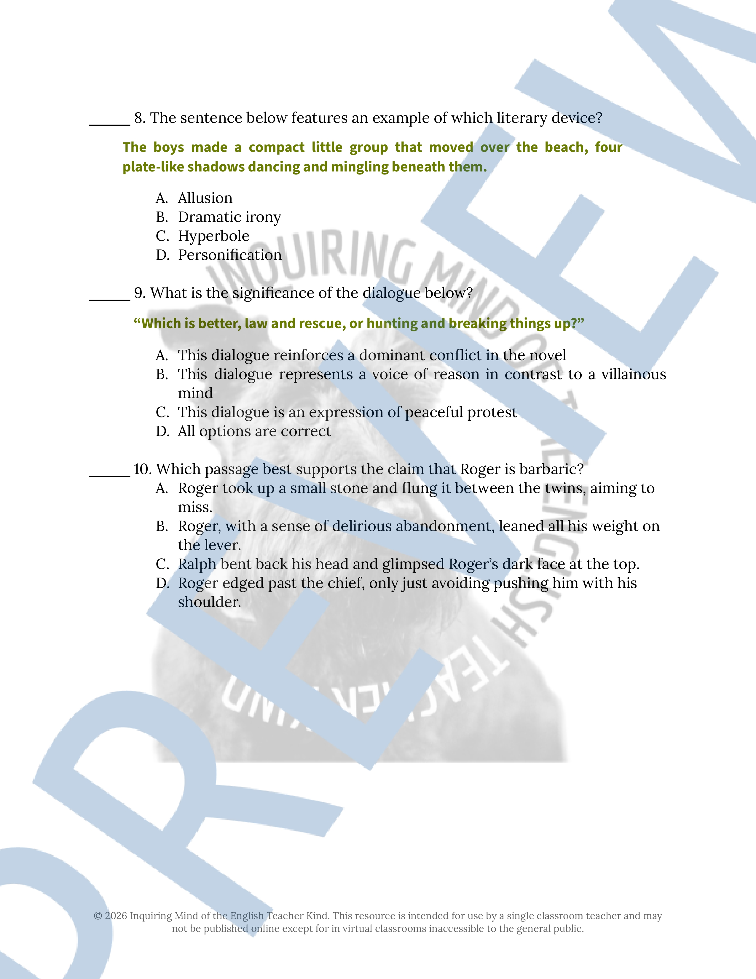 Lord of the Flies Chapter 11 Close Reading Analysis Worksheet ...